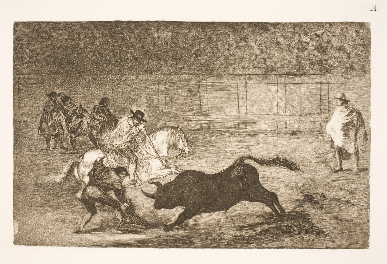 En spansk ryttare bryter korta spjut med hjälp av sina sekunder av Francisco de Goya