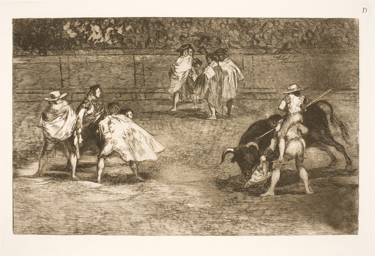 En tjurfäktare, som sitter på en assistents axlar, bommar för en tjur av Francisco de Goya