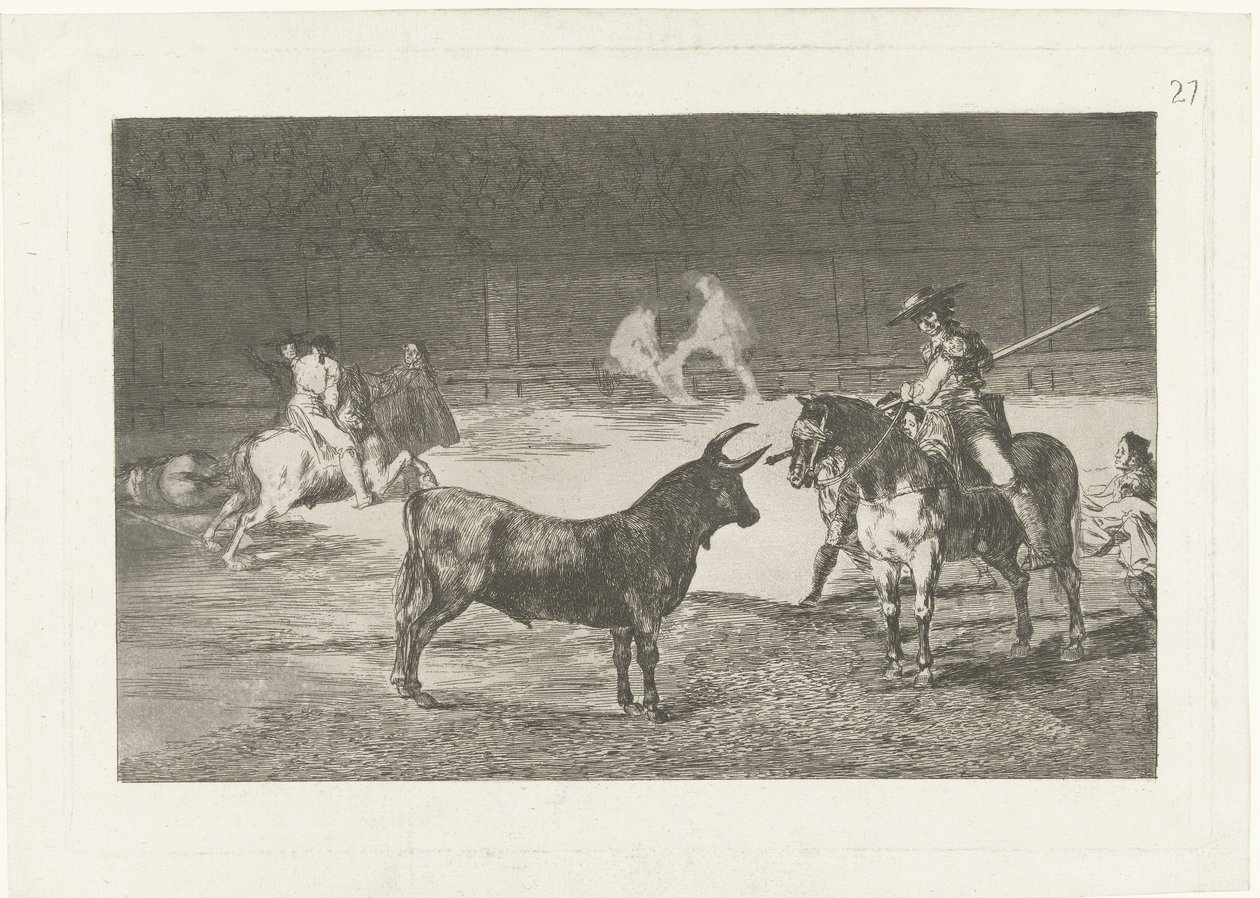 Fernando del Toro daagt en stier uit Den berömda Fernando del Toro, barilarguero, tvingar odjuret med sin stång Tjurfäktning (serietitel) Stierenvechten (serietitel) av Francisco de Goya