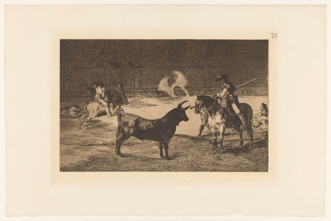 Fernando del Toro daagt en stier uit Den berömda Fernando del Toro, barilarguero, tvingar odjuret med sin stång Stierengevechten (serietitel) La Taureamachie (serietitel) Tjurfäktning (serietitel) av Francisco de Goya
