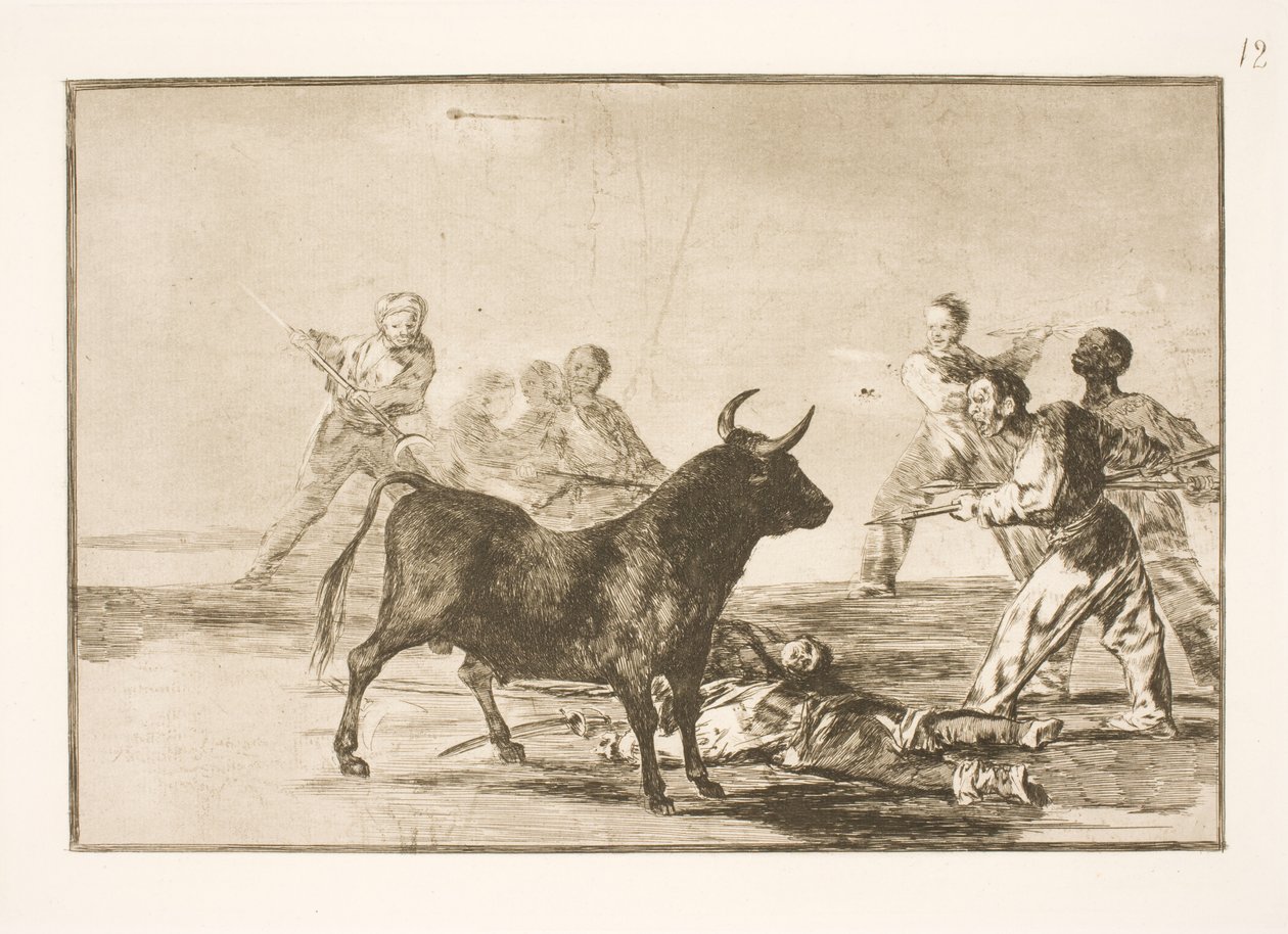 Folket sticker tjuren med lansar, skäror, banderillas och andra vapen av Francisco de Goya