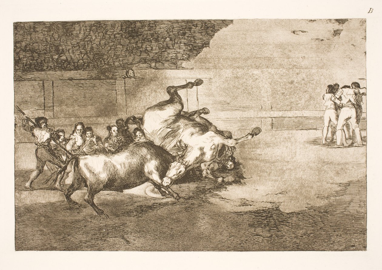 Häst som kastas till marken av en tjur av Francisco de Goya