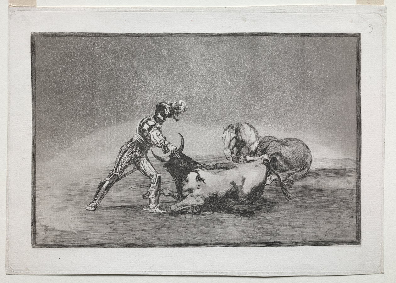 La Tauromaquia: En spansk riddare dödar tjuren efter att ha förlorat sin häst av Francisco de Goya