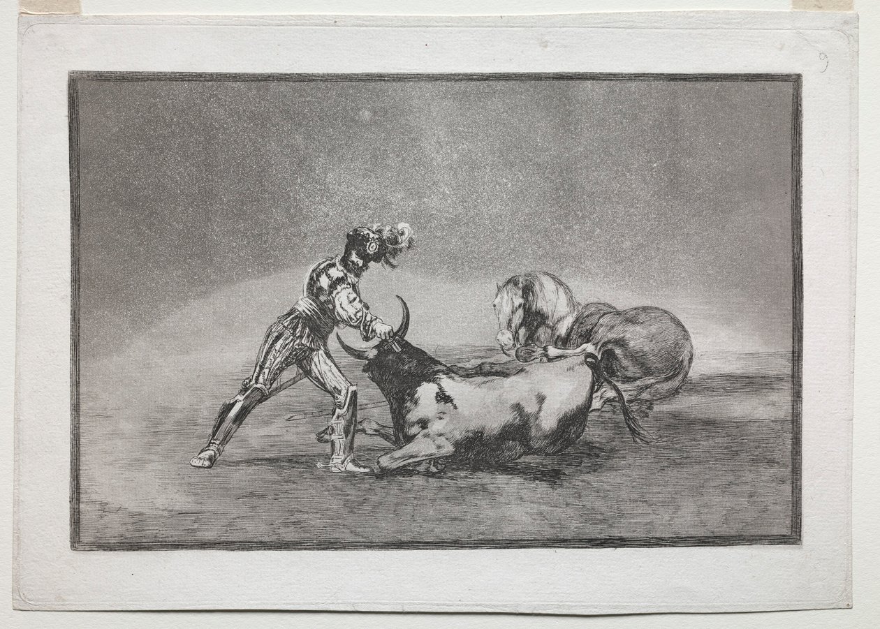 La Tauramaquia: En spansk riddare dödar tjuren efter att ha förlorat sin häst, 1815-1816. av Francisco de Goya