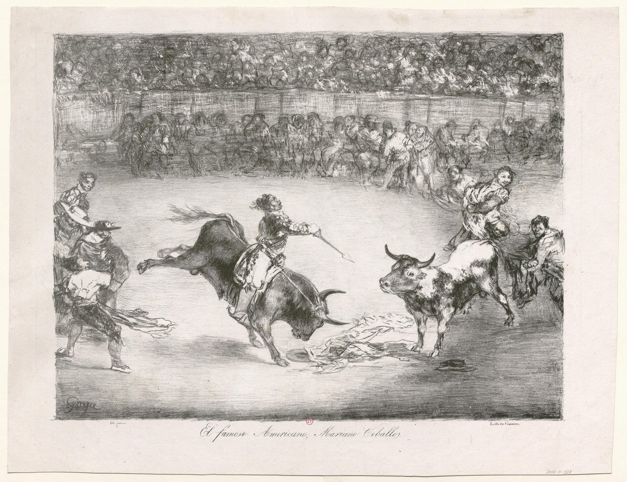 [Les Taureaux de Bordeaux: Den berömde amerikanen Mariano Ceballos] av Francisco de Goya