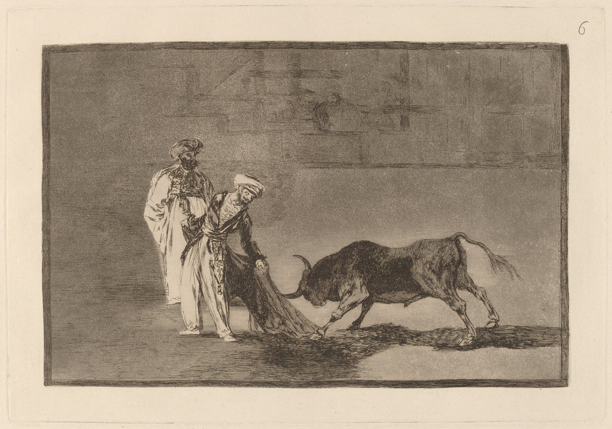 Los Moros hacen otro capeo en plaza con su albornoz (morerna gör en annorlunda lek i ringen kallar tjuren med sina brännande) av Francisco de Goya