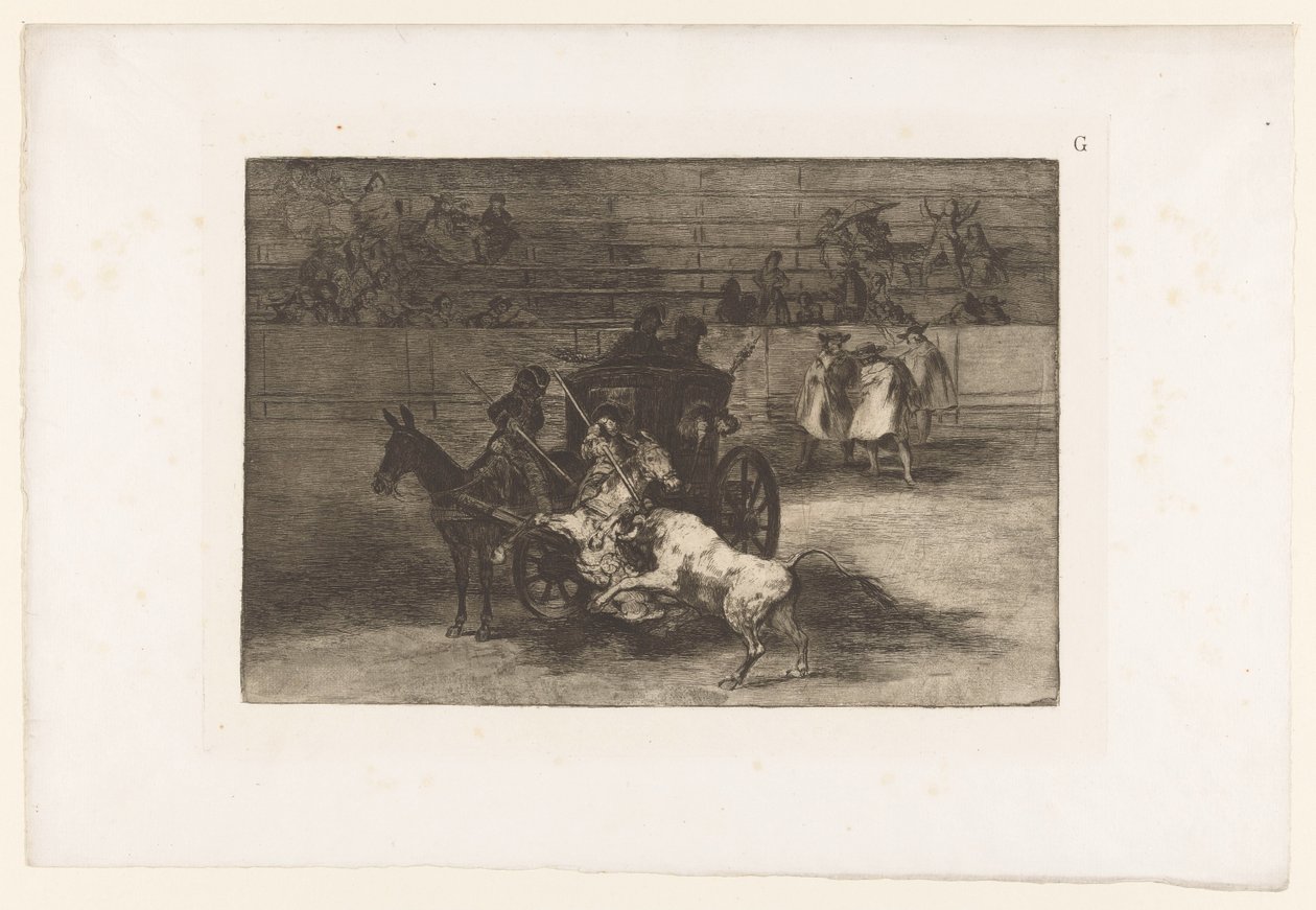 Män attackerar en tjur från en vagn Combat dans une voiture attelée de deux mulets Tjurfäktningar (serietitel) La Taureaumachie (serietitel) La Tauromaquia (serietitel) av Francisco de Goya