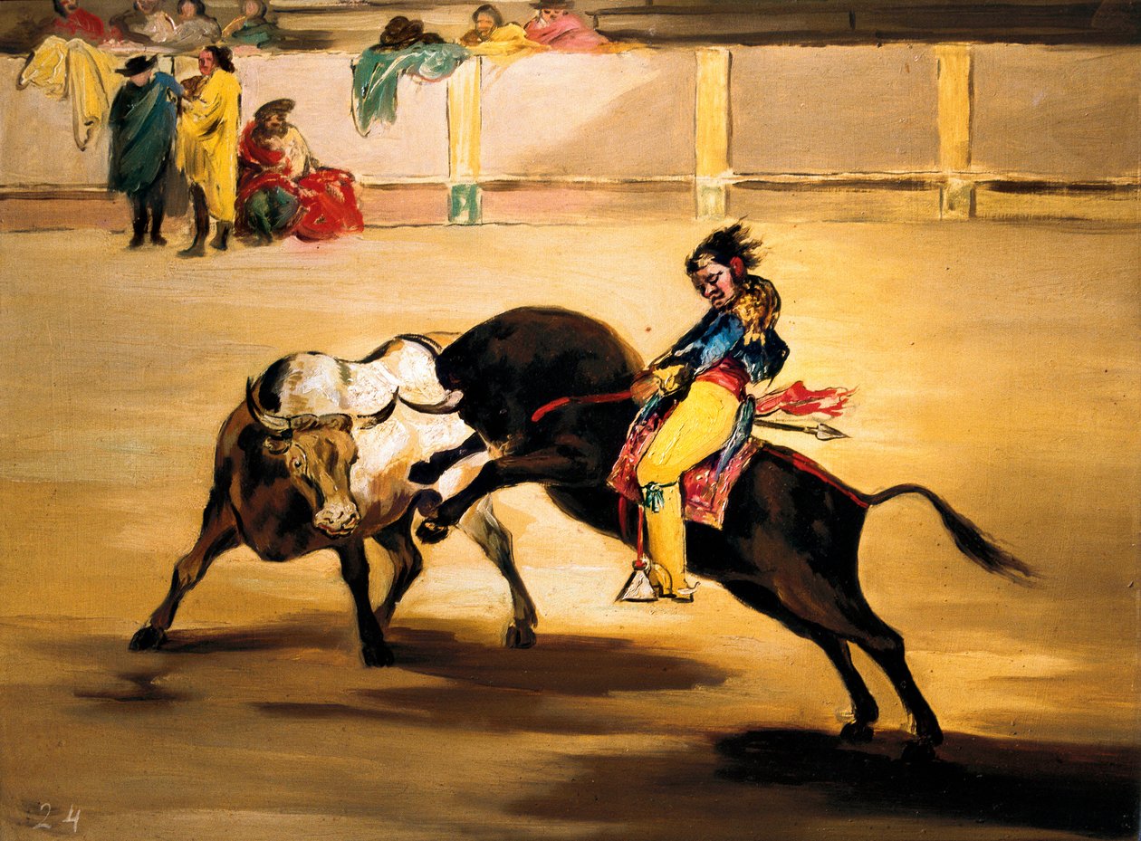 Mariano Ceballos kallad "indian" på ryggen av en tjur bryter sin gädda på arenorna i Madrid, ca. 1810 (målning) av Francisco de Goya