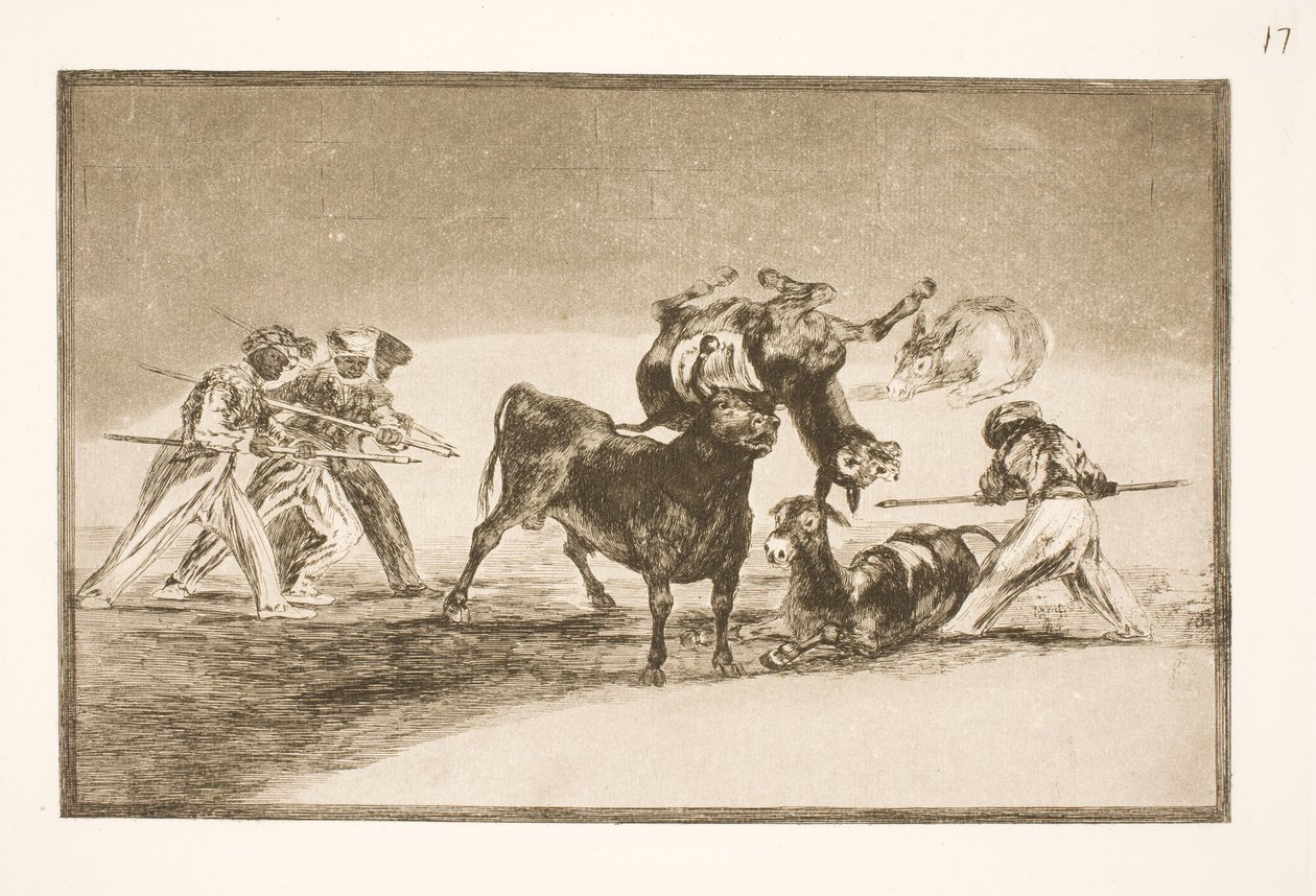 Morerna använder åsnor som en barriär för att försvara sig mot tjuren, vars horn har försetts med kulor av Francisco de Goya
