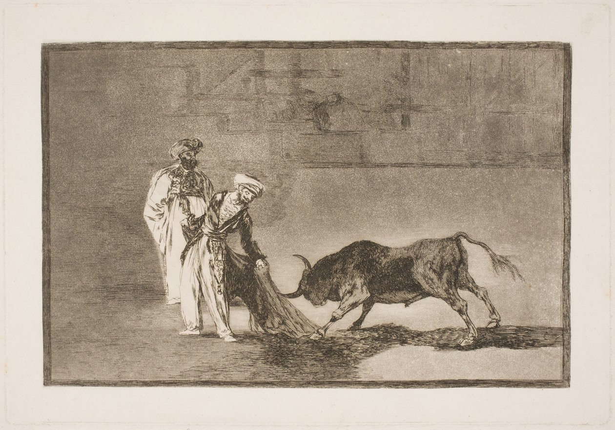 Morerna på arenan går långt för att locka till sig tjuren med hjälp av sin burnus av Francisco de Goya
