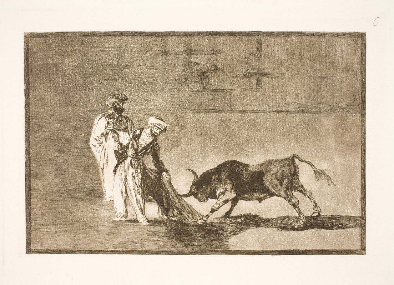 Morerna utför ytterligare ett trick på arenan och lockar till sig tjurarna med sina burnusses av Francisco de Goya