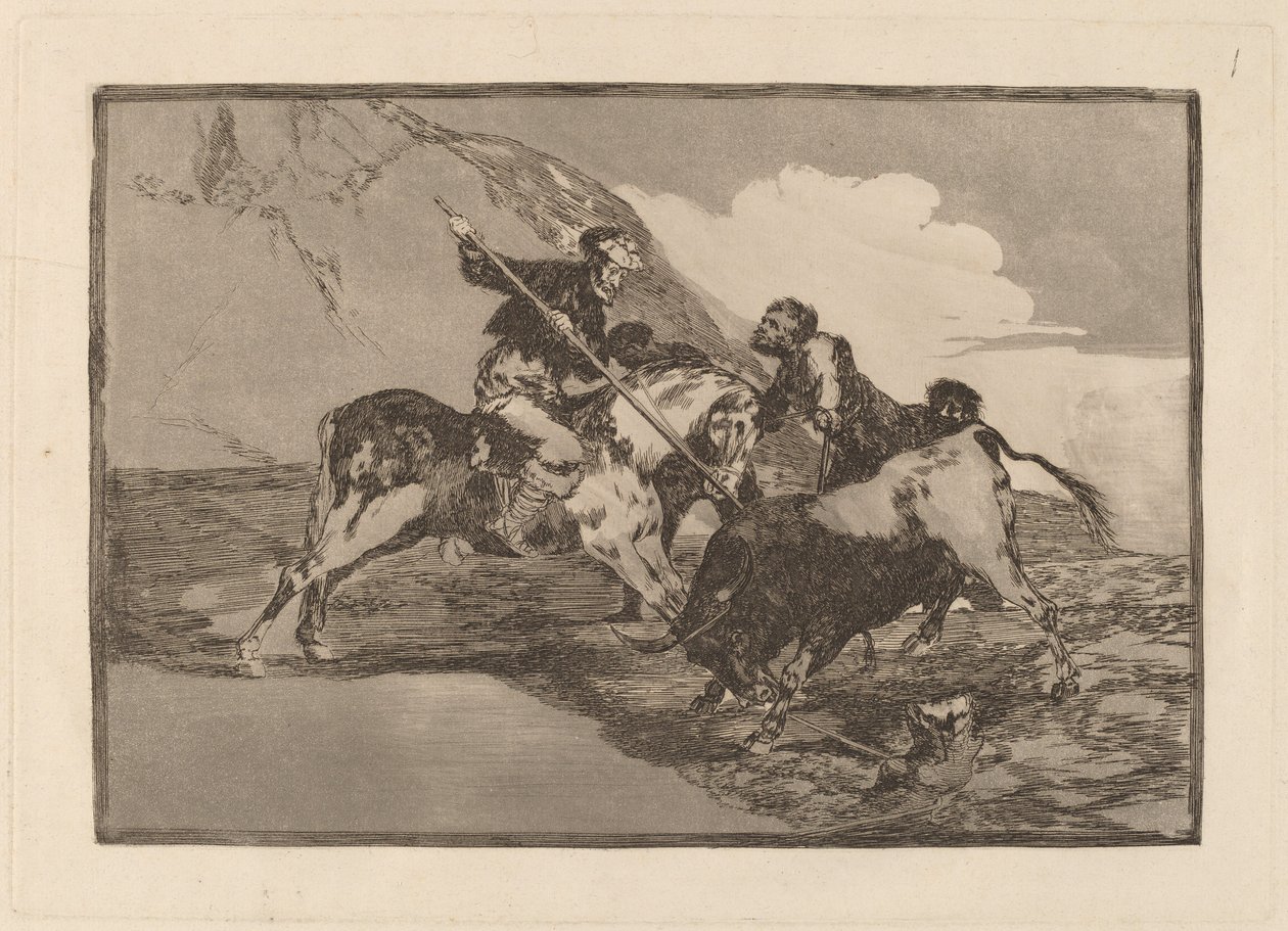 Sätt på vilket de forntida spanjorerna jagade tjurar till häst i fältet (Sättet på vilket de gamla spanjorerna jagade tjurar till häst i det öppna landet) av Francisco de Goya