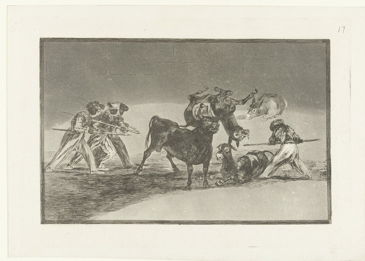 Morer och åsnor slåss mot en tjur Palenque de los Moros hecho con burros para defenderse del toro embolado La Tauromaquia (serietitel) Tjurfäktning (serietitel) av Francisco de Goya