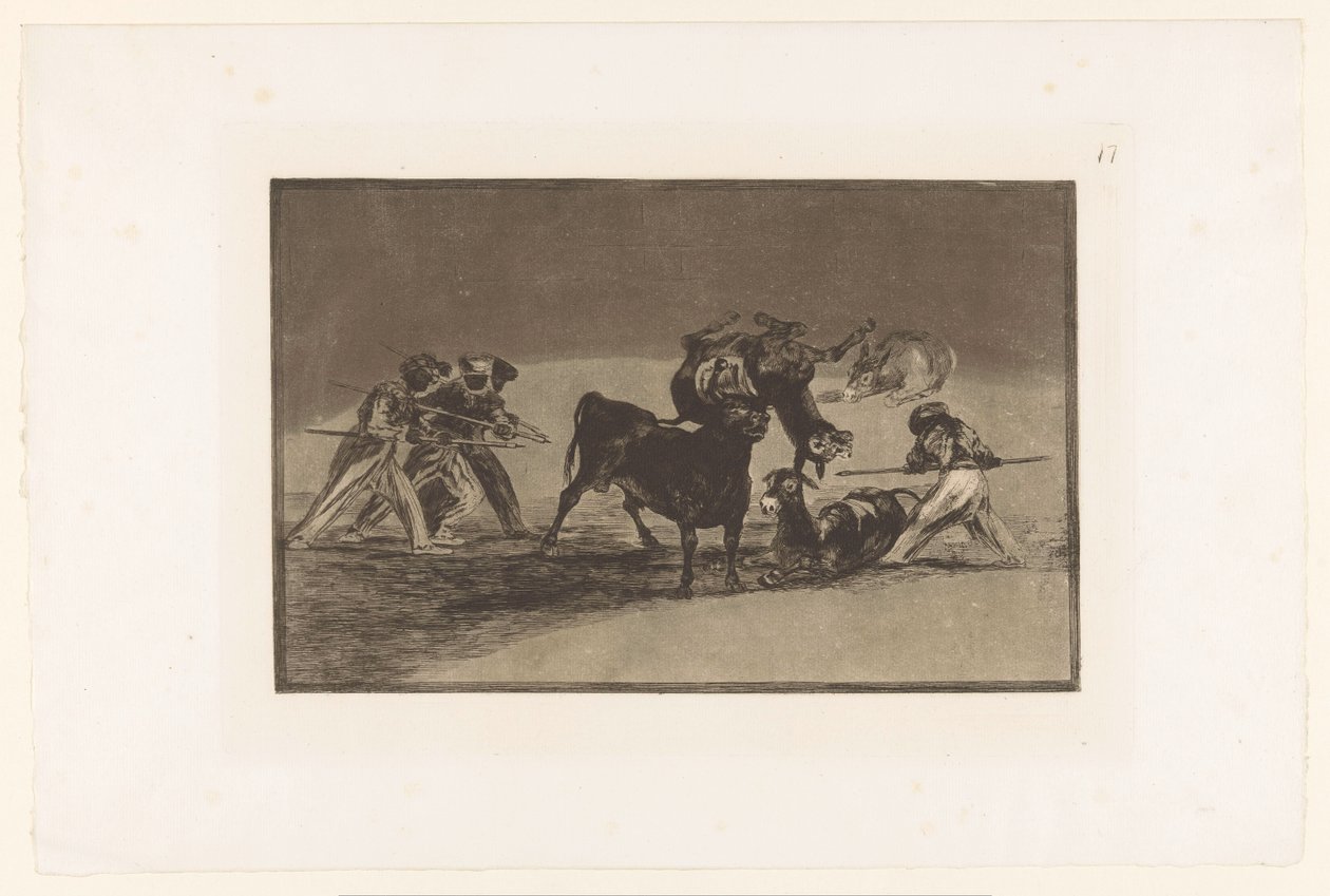 Morer och åsnor slåss mot en tjur Palenque de los Moros hecho con burros para defenderse del toro embolado Tjurfäktning (serietitel) La Taureaumachie (serietitel) La Tauromaquia (serietitel) av Francisco de Goya