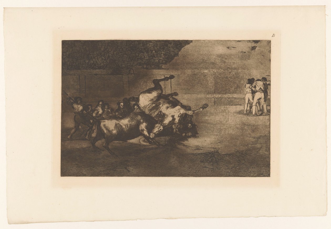 Häst vält av en tjur Cheval reverse par un taureau Tjurfäktning (serietitel) La Taureaumachie (serietitel) La Tauromaquia (serietitel) av Francisco de Goya