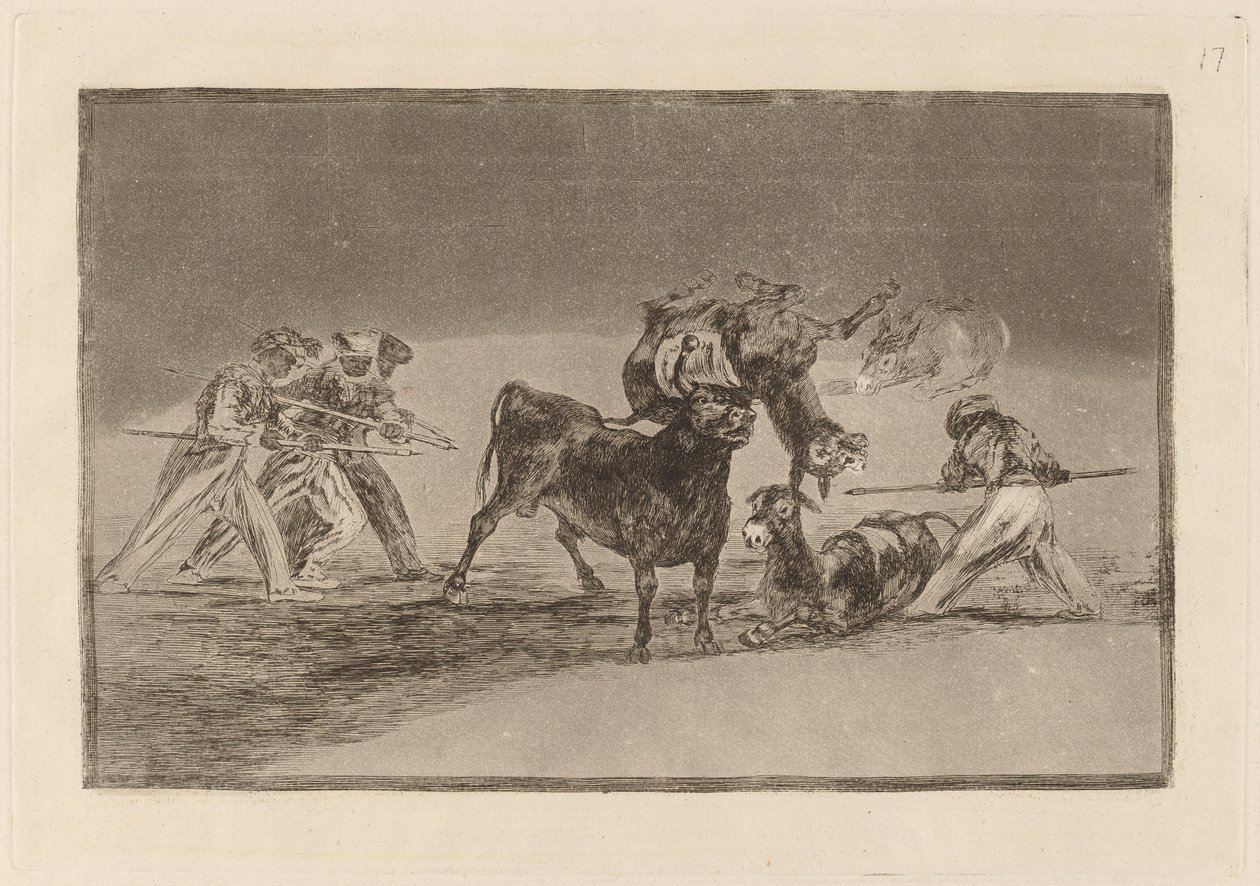 Palenque de los moros hecho con burros para defenderse del toro embolado (morerna använder åsnor som en barriär för att försvara sig mot tjuren vars horn har tippats med bollar) av Francisco de Goya