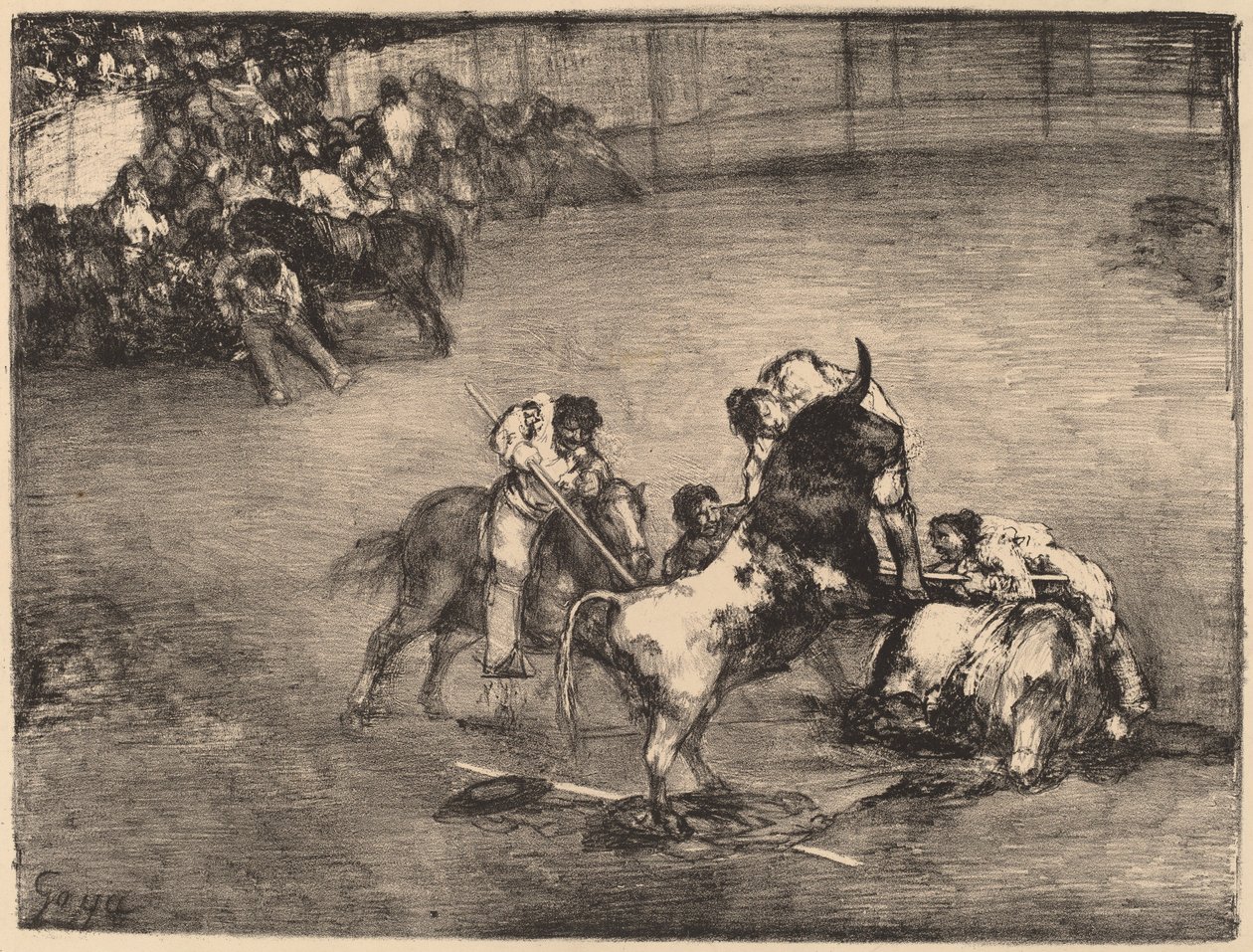 Picador fångad av en tjur av Francisco de Goya