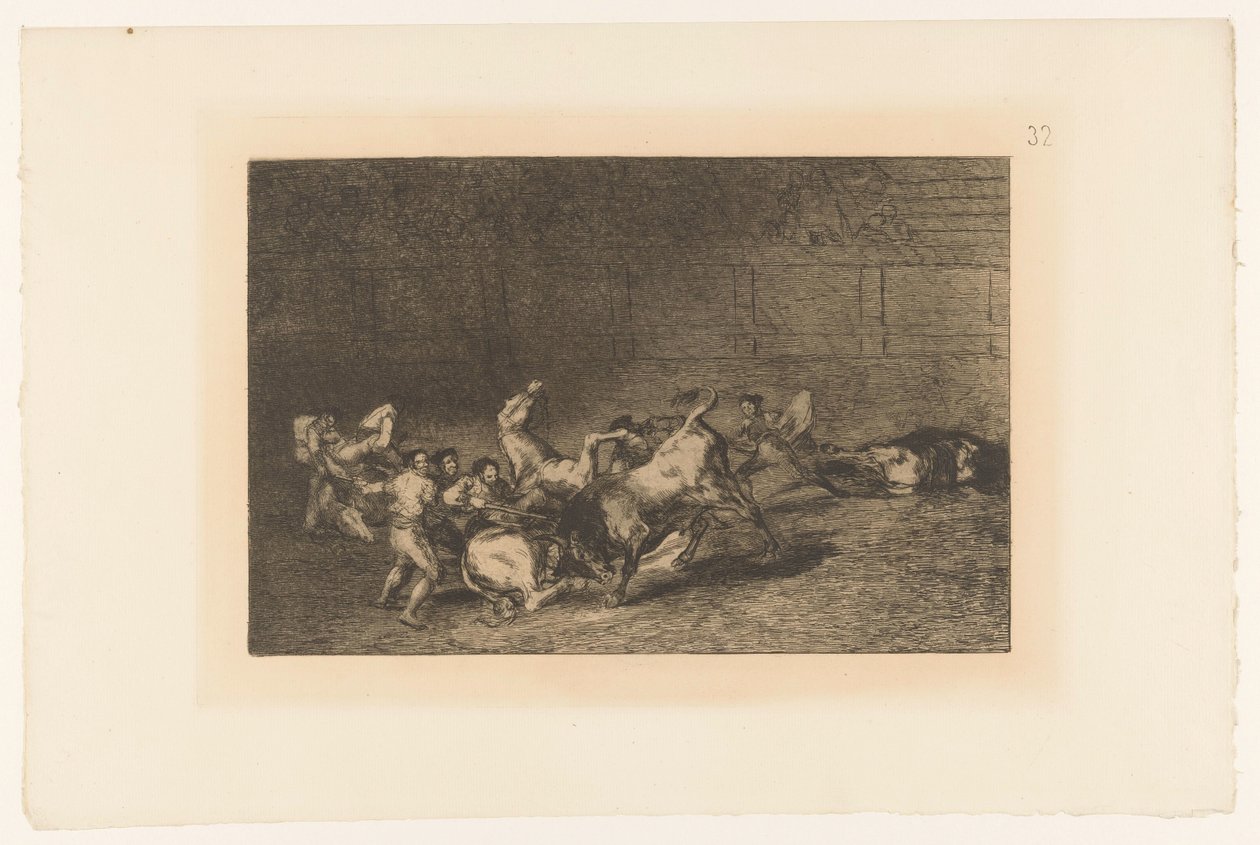 Picador steekt een lans in en stier Två grupper av picadorer körs över i rad av en enda tjur Stierengevechten (serietitel) La Taureamachie (serietitel) Tjurfäktning (serietitel) av Francisco de Goya