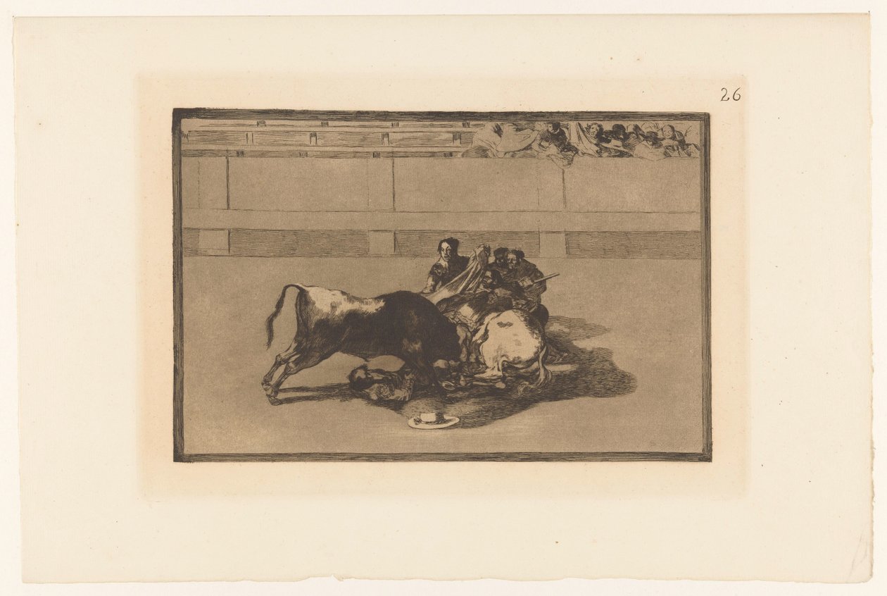 Picador ramlade av sin häst Caida de un picador de su caballo debajo del toro Tjurfäktningar (serietitel) La Taureaumachie (serietitel) La Tauromaquia (serietitel) av Francisco de Goya