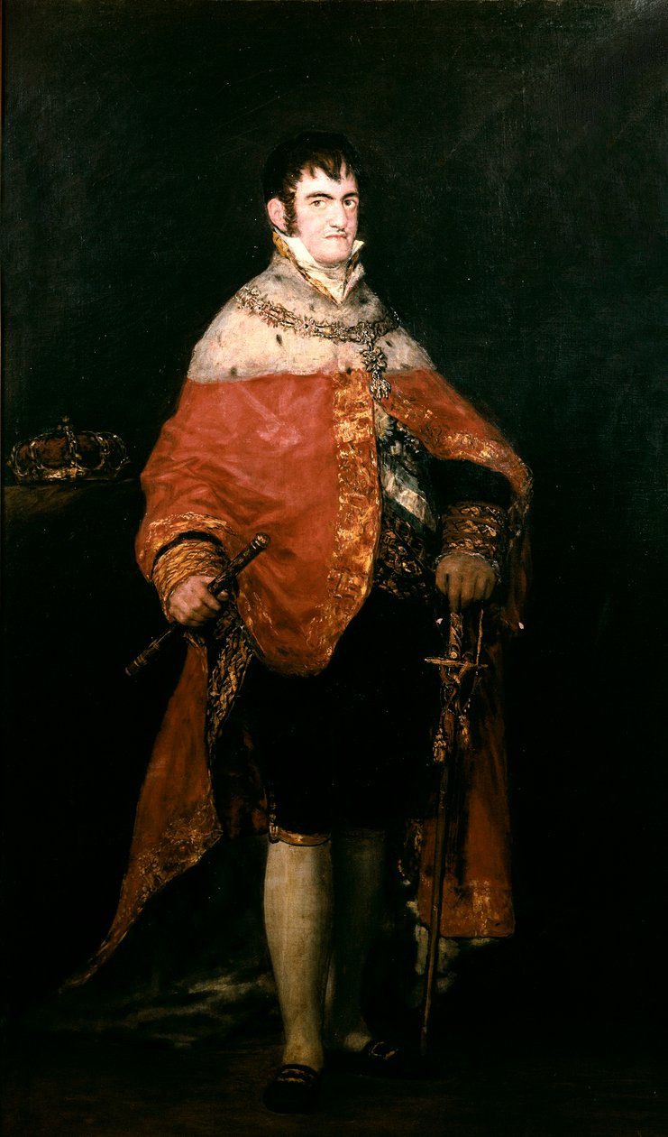 Porträtt av kungen av Spanien, Ferdinand VII (1784-1833) med sin kungliga mantel av Francisco de Goya