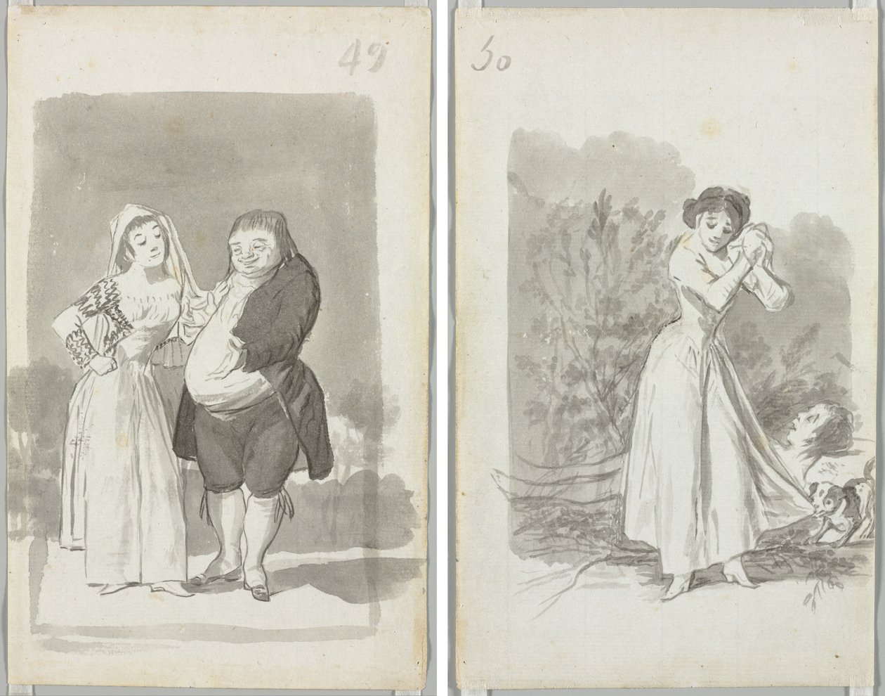Prostituerad som söker en fet, ful man (recto); Ung kvinna vrider sina händer över en mans nakna kropp (verso) av Francisco de Goya