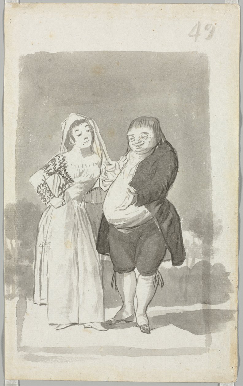 Prostituerad värva en fet, ful man recto, ung kvinna vrider sina händer...verso, 1796-97. av Francisco de Goya