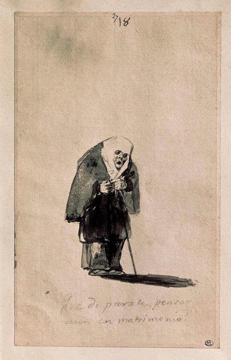 Que disparate, pensar aun en matrimonio (Vilket nonsens, att fortfarande tänka på äktenskap), ca. 1819-23 (Pensel, tusch, preliminär ritning med svart sten, på vitt papper) av Francisco de Goya
