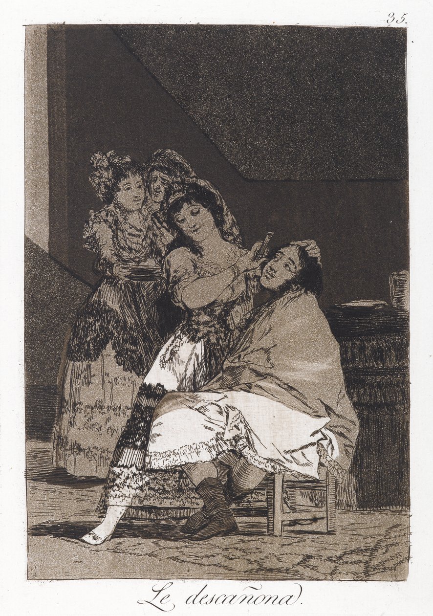 She Fleeces Him (Le descanona), skylt 35 av Los Caprichos, c.1797-98 (etsning & akvatint på papper) av Francisco de Goya