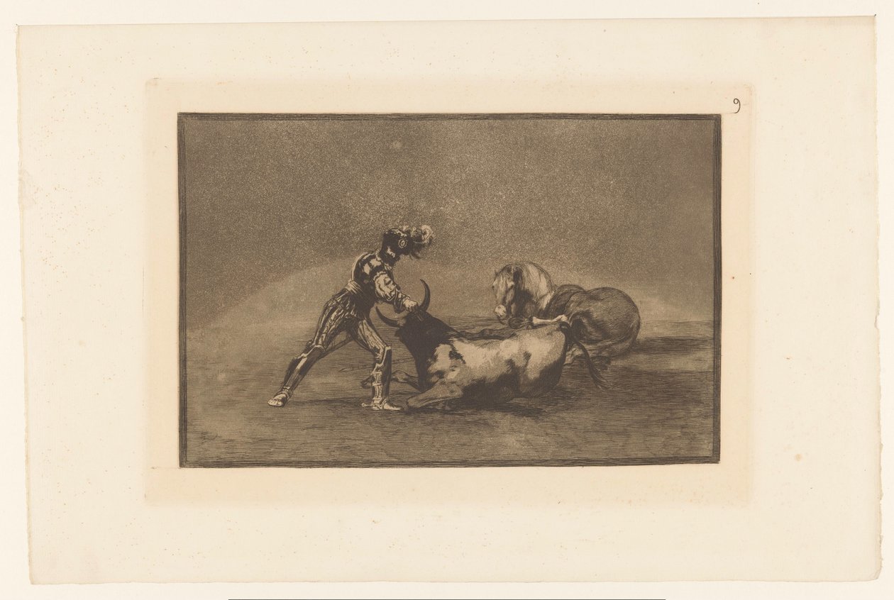 Spansk ryttare doodt een stier En spansk riddare dödar en tjur efter att ha förlorat sin häst Stierengevechten (serietitel) La Taureaumachie (serietitel) Tjurfäktning (serietitel) av Francisco de Goya