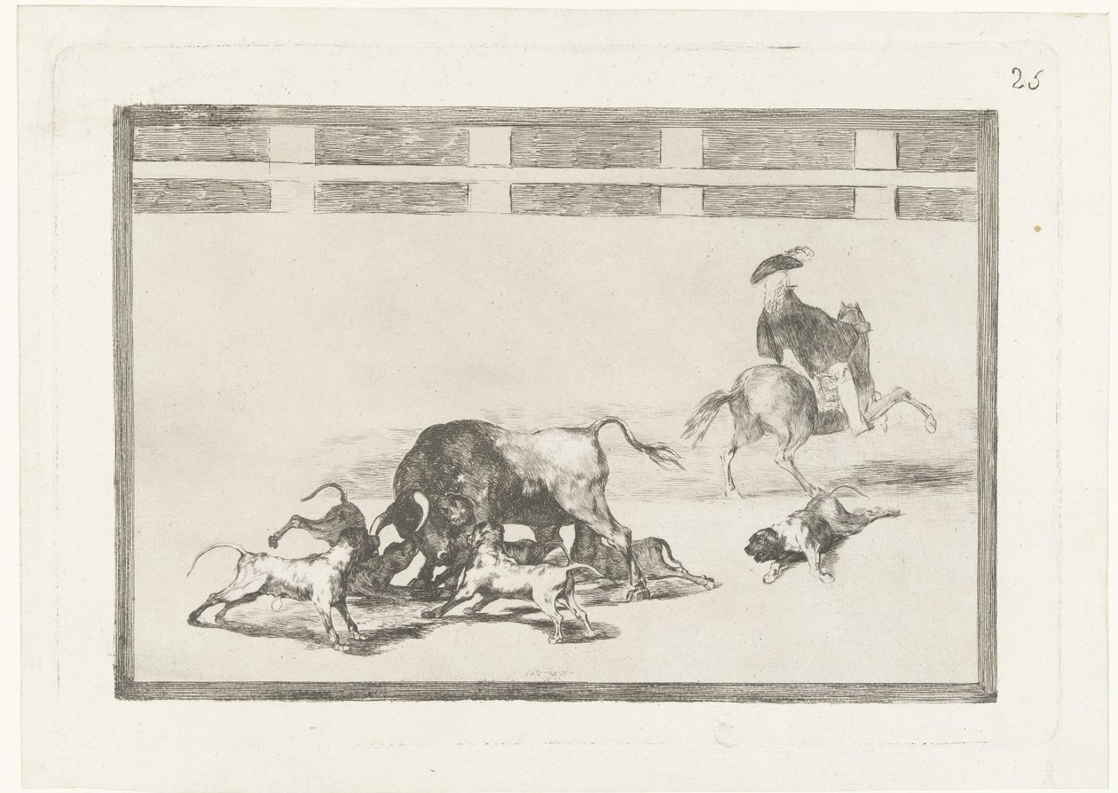 Tjur attackerad av hundar Echan perros al toro La Tauromaquia (serietitel) Tjurfäktning (serietitel) av Francisco de Goya