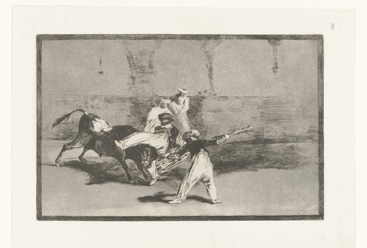Oxen grips av tjurfäktare Cogida de un Moro estando en la plaza Tjurfäktning (serietitel) La Tauromaquia (serietitel) av Francisco de Goya