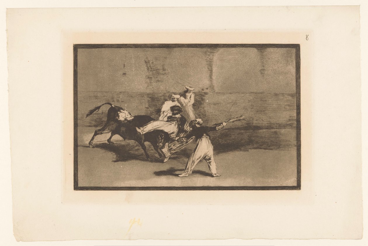 Oxen grips av tjurfäktare Cogida de un Moro estando en la plaza Tjurfäktningar (serietitel) La Taureaumachie (serietitel) La Tauromaquia (serietitel) av Francisco de Goya