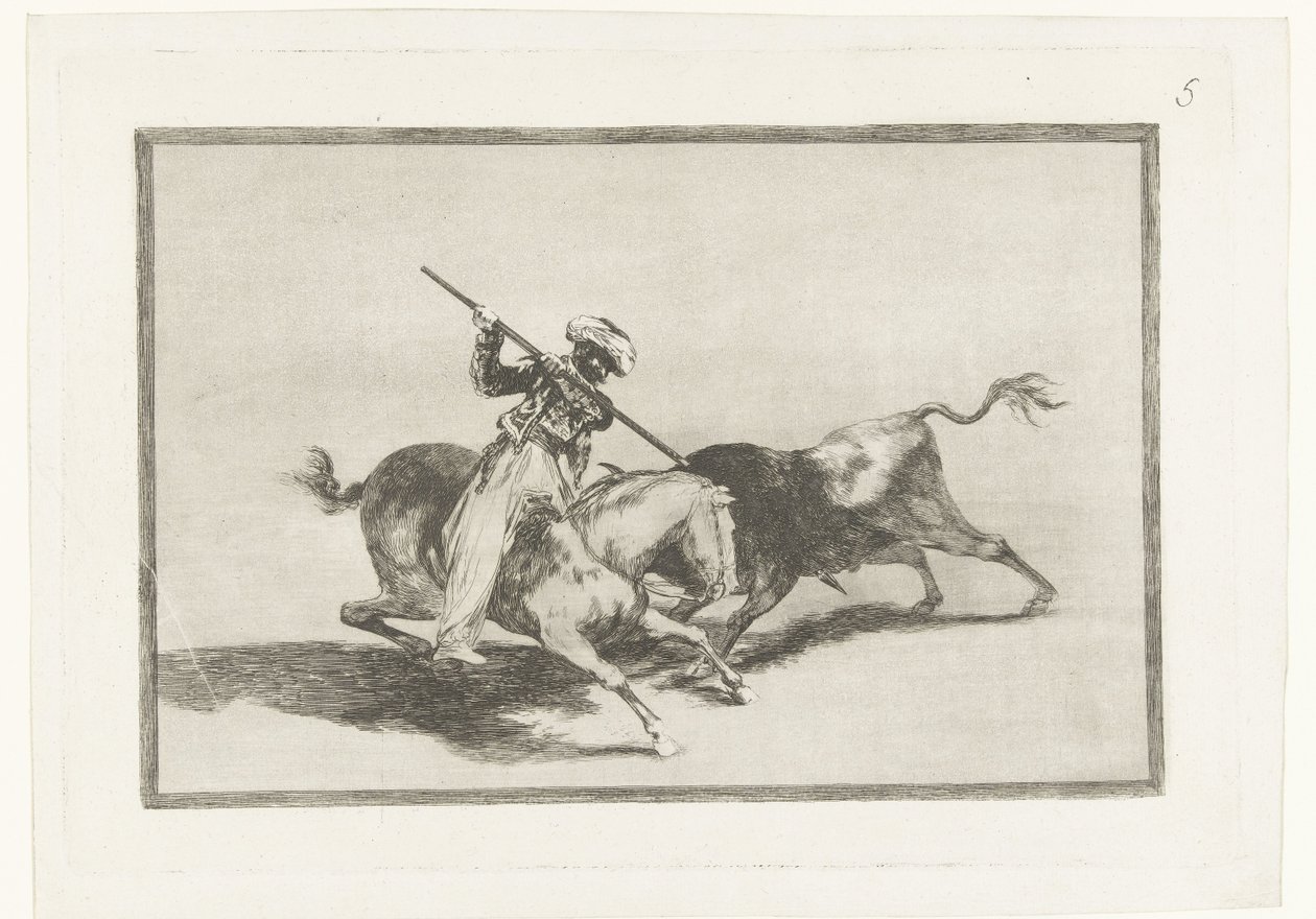 Stierenjacht Te Paard Den modiga Moro Gazul är den första som startar tjurar i ordning Bullfighting (titelserie) StierenVechten (titelserie) av Francisco de Goya