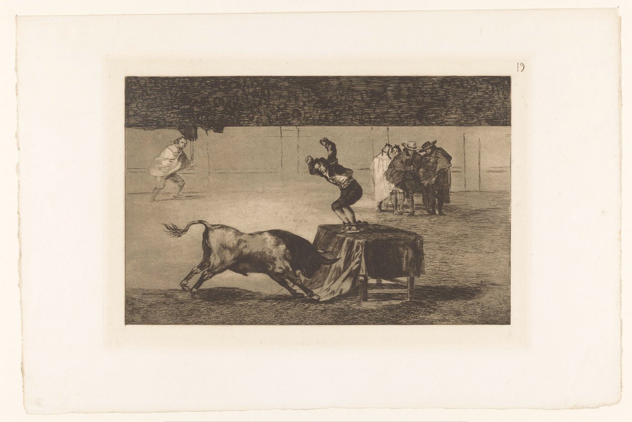 Tjurfäktare står på ett bord i arenan Otra locura suya och la misma plaza Tjurfäktningar (serietitel) La Taureaumachie (serietitel) La Tauromaquia (serietitel) av Francisco de Goya
