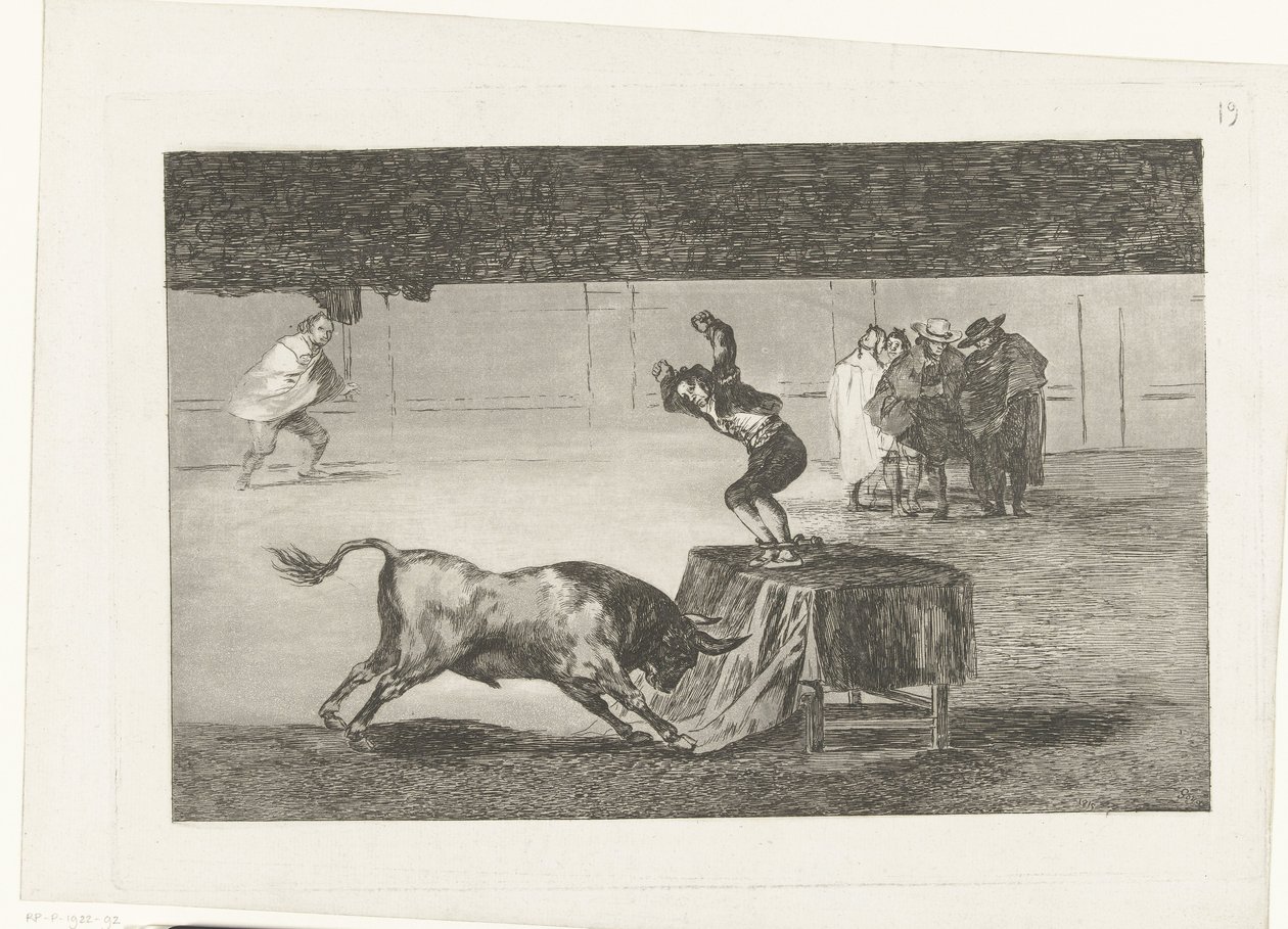 Tjurfäktare står på ett bord i en arena Otra locura suya och la misma plaza La Tauromaquia (serietitel) Tjurfäktning (serietitel) av Francisco de Goya