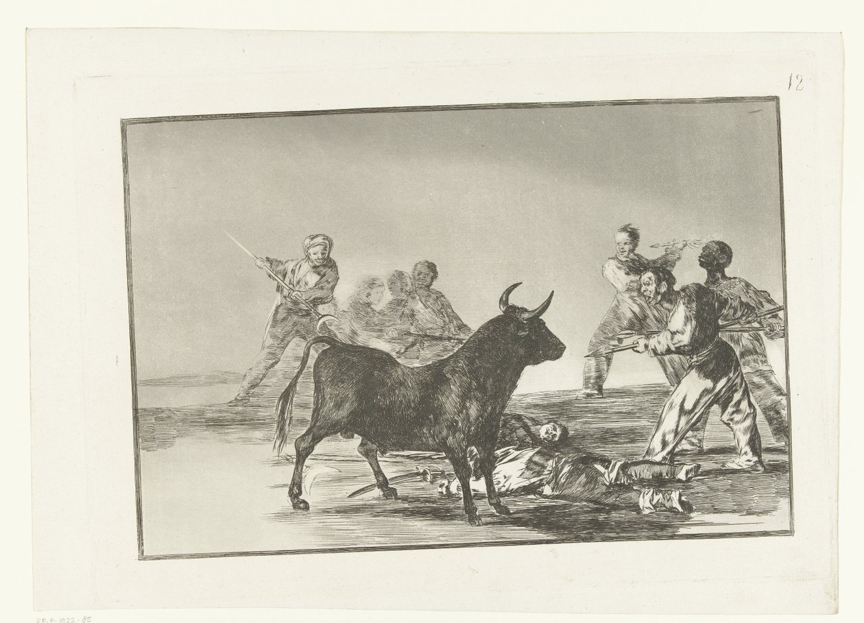 Stierenvechten rondon in stier Hackar skurken med spjut. halvmånar, banderillas och andra vapen Stierenvechten (serietitel) Tjurfäktning (serietitel) av Francisco de Goya