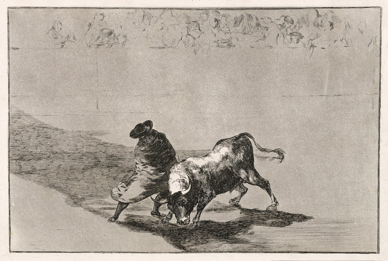 Falkens smarte elev gör tjuren rasande genom att röra sig inlindad i sin mantel, 1814-16 av Francisco de Goya