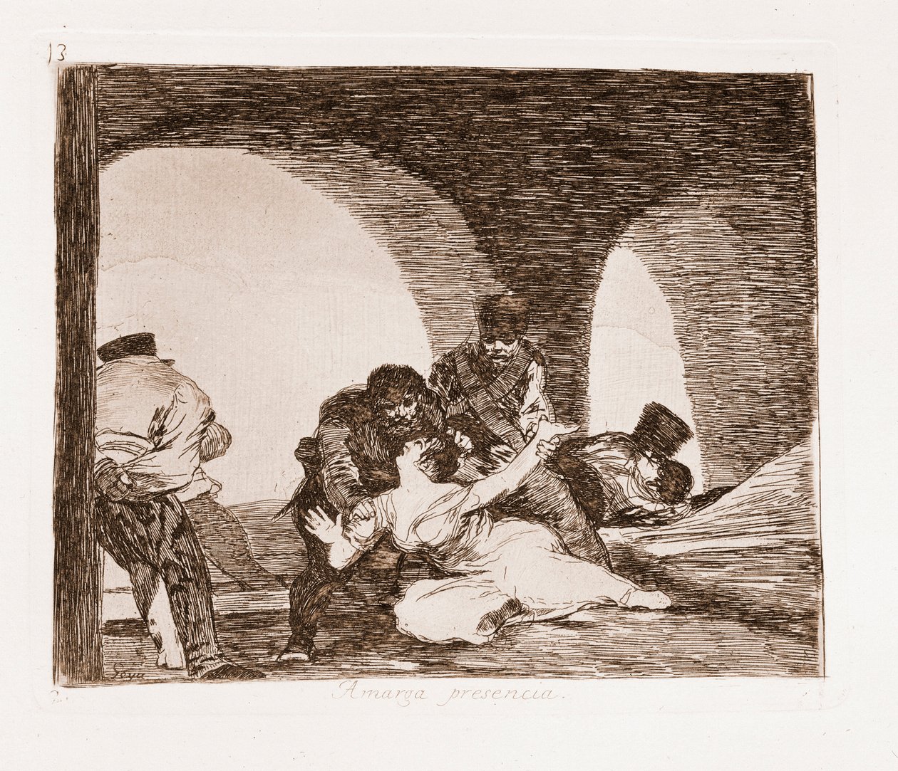 The Disasters of War: En man som vittnade om våldtäkten av sin fru (etsning från den förberedande teckningen av Francisco de Goya