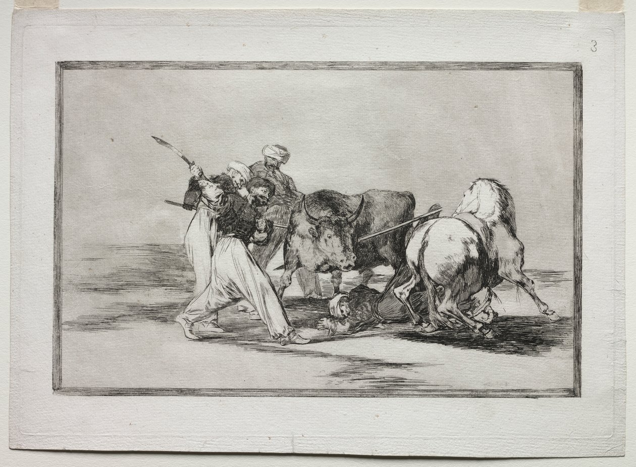 Morerna bosatte sig i Spanien, gav upp vidskepelsen i Koranen, adopterade denna jaktkonst och spjut en tjur i det fria av Francisco de Goya