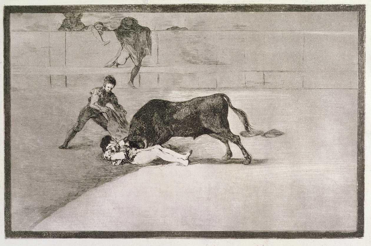 Den olyckliga döden av Pepe Hillo (Jose Delgado) i ringen i Madrid den 11 maj 1801, skylt 33 av "The Art of Bullfighting", pub. 1816 av Francisco de Goya