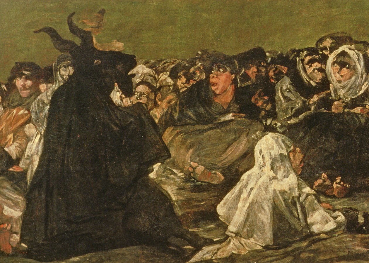 Häxans sabbat eller den stora bocken, (en av de svarta målningarna), ca 1821-23 (detalj av 38640) av Francisco de Goya
