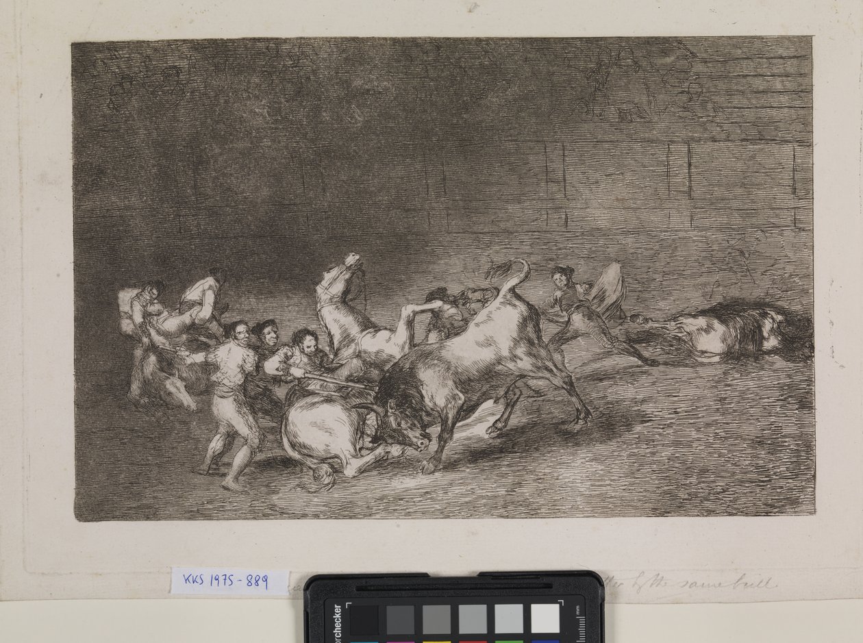 Två lag med picadorer slås en efter en omkull av en enda tjur av Francisco de Goya
