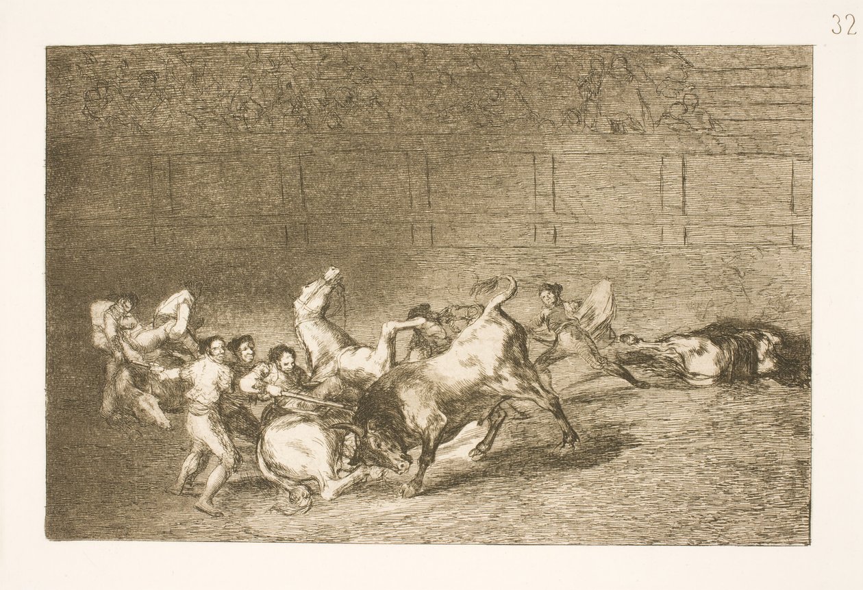 Två lag med picadorer blir en efter en vältade av en enda tjur av Francisco de Goya