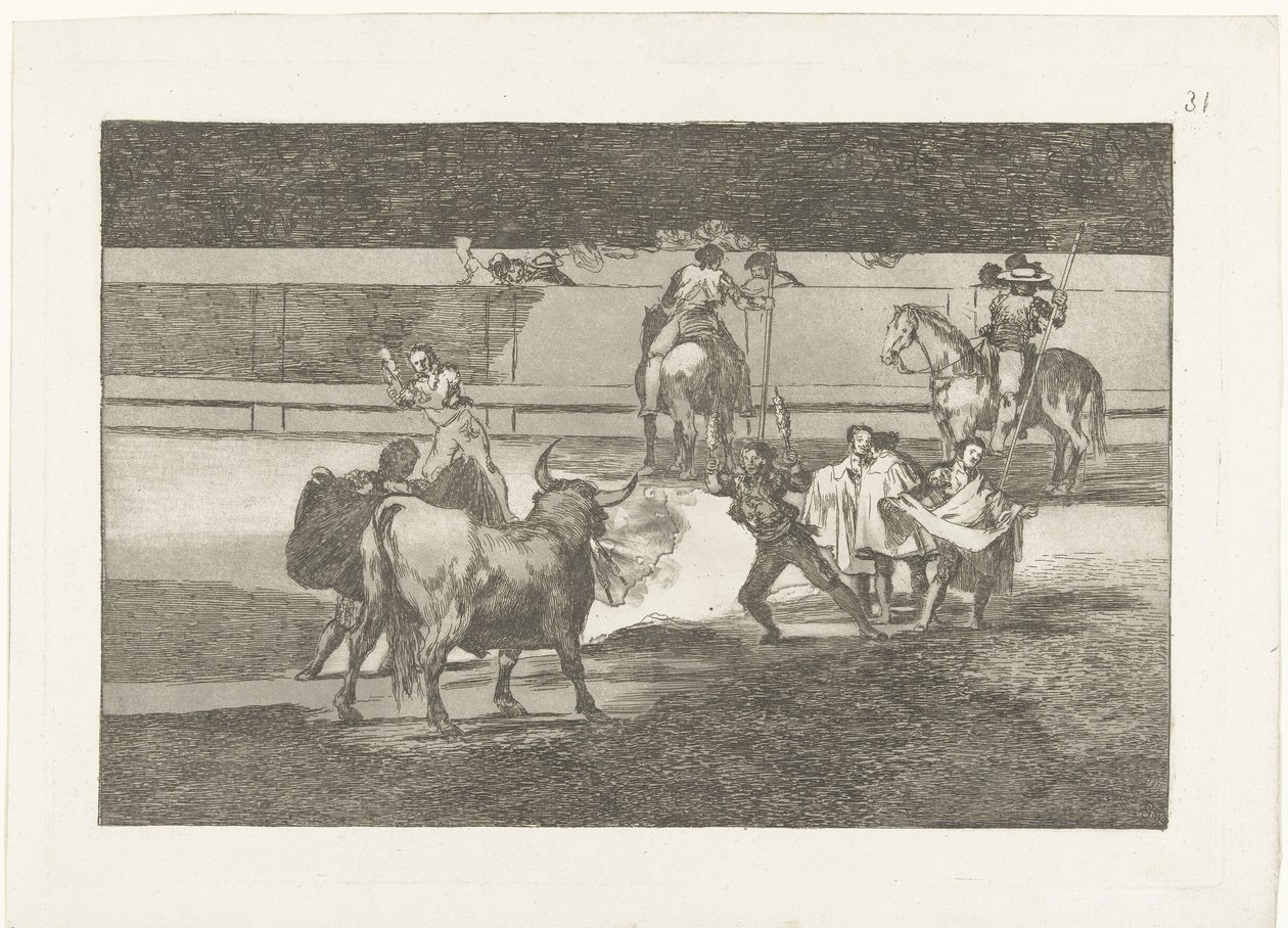 Bullfighter träffade brandende banderillas eldband Tjurfäktning (serietitel) Stierenvechten (serietitel) av Francisco de Goya