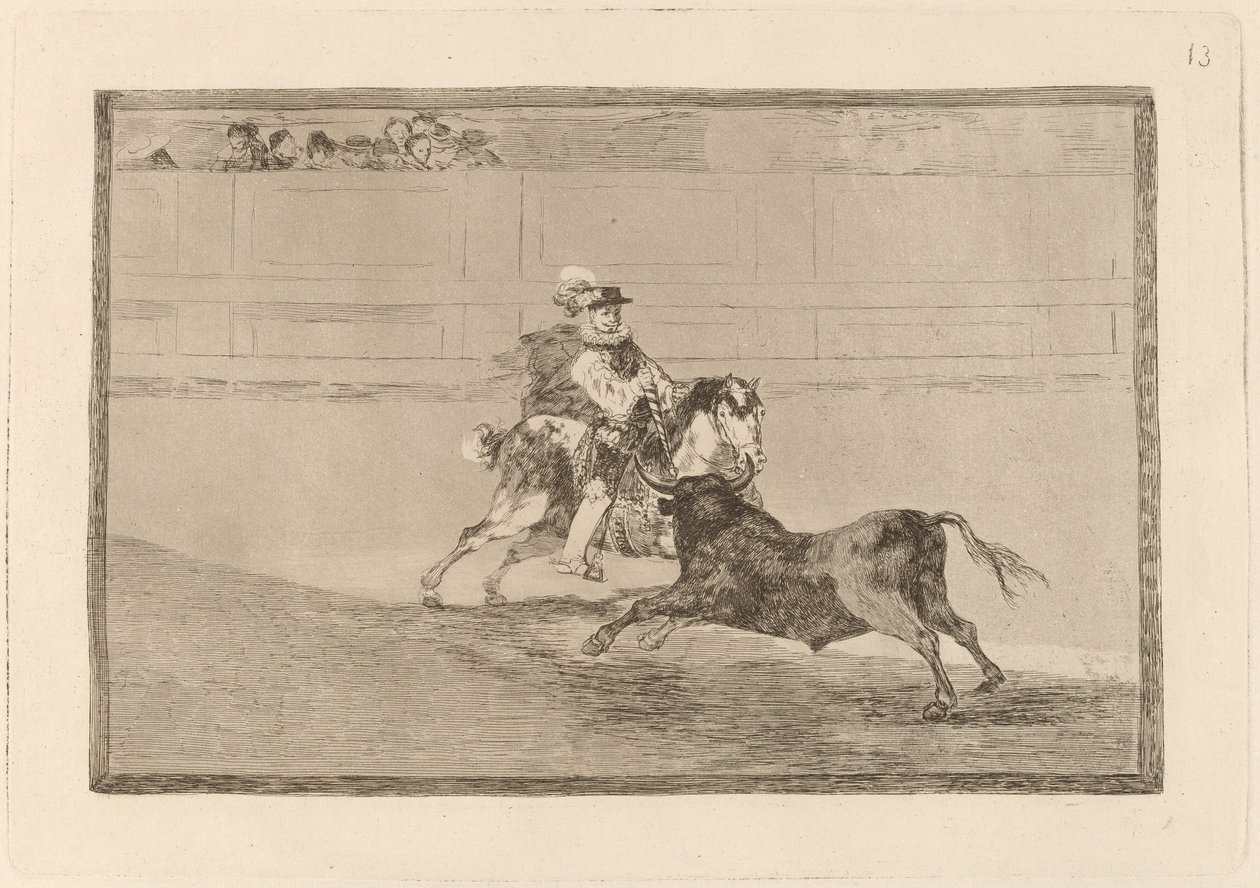 Un caballero espanol en plaza quebrando rejoncillos sin auxilio de los chulos (En spansk riddare i ringen som bryter korta spjut utan hjälp av assistenter) av Francisco de Goya