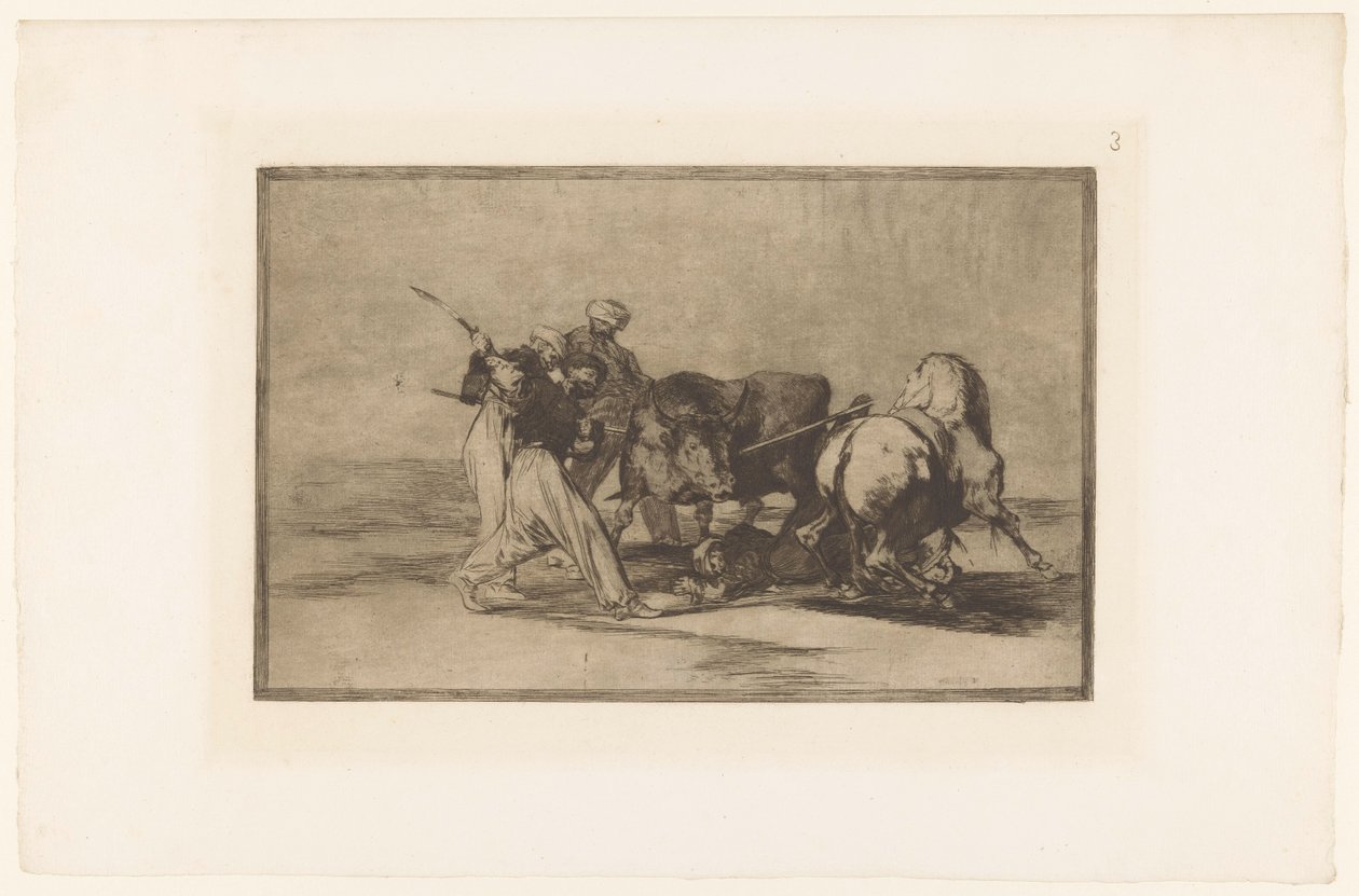 Vier mannen jagen op een stier Morerna etablerade sig i Spanien och avstod från vidskepelsen av deras alcorán (...) Stierengevechten (serietitel) La Taureamachie (serietitel) Tjurfäktning (serietitel) av Francisco de Goya