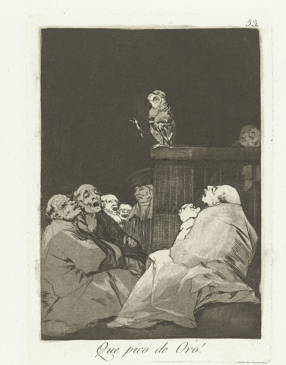 Vilken gyllene näbb! Que pico de oro! (titel på objekt) Los Caprichos (serietitel) av Francisco de Goya