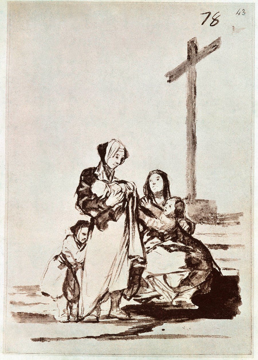Kvinnor och barn nära ett kors (gravyr) av Francisco de Goya