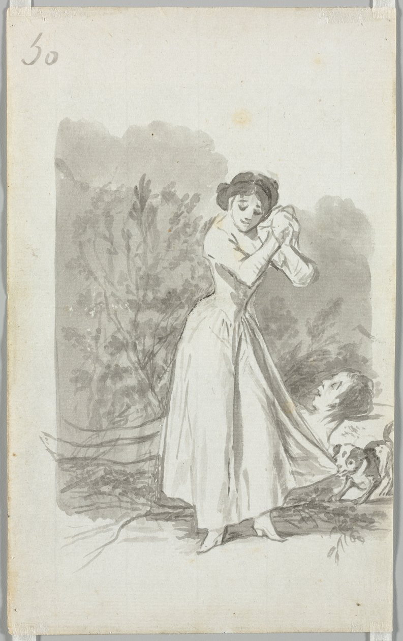 Ung kvinna vrider sina händer över en mans nakna kropp (verso) av Francisco de Goya