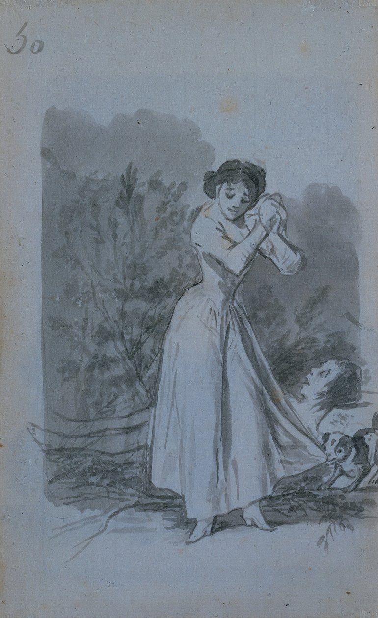 Ung kvinna vrider sina händer över en mans nakna kropp ago, 1796-97. av Francisco de Goya